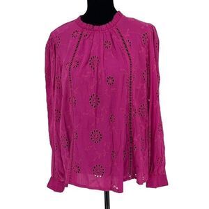 Nicole Miller Womens Artelier Long‎ Sleeve Blouse Embroidered Eyelet Pink Large